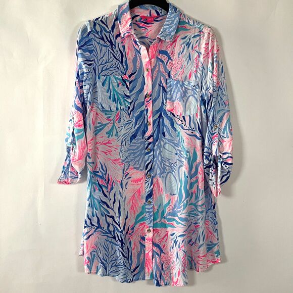 Lilly Pulitzer Natalie Dress Cover-Up Medium Beachy Tropical Kaleidescope Coral - Picture 1 of 13
